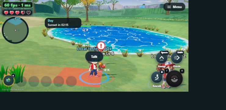Trainer beside the blue pond in Route X 2