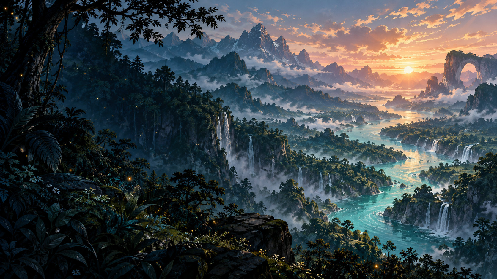 Concept artwork: a turquoise river through forested mountains at dawn
